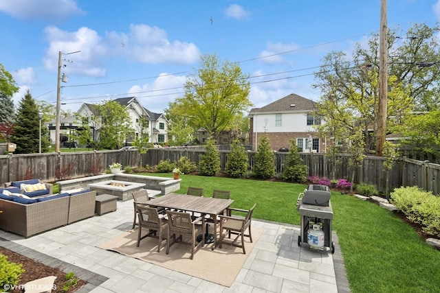 236 W Crescent Ave, Elmhurst, IL 60126 - view of patio featuring an outdoor living space with a fire pit, outdoor dining space, area for grilling, and a residential view