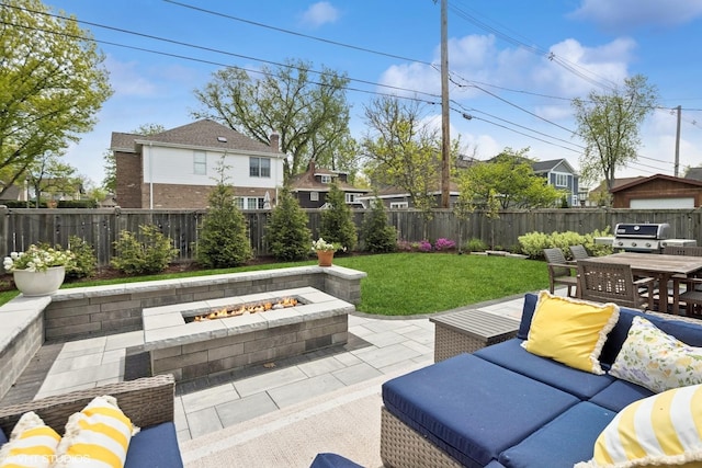 236 W Crescent Ave, Elmhurst, IL 60126 - view of patio with outdoor dining area, grilling area, an outdoor living space with a fire pit, and a residential view
