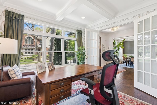 236 W Crescent Ave, Elmhurst, IL 60126 - office featuring beamed ceiling, ornamental molding, wood finished floors, and coffered ceiling