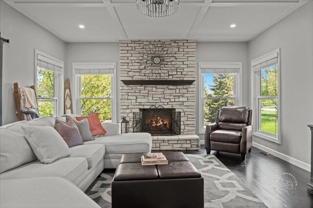 6N372 E Ridgewood Dr, Saint Charles, IL 60175 - living room featuring coffered ceiling, wood finished floors, recessed lighting, a fireplace, and baseboards