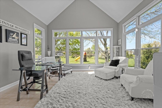 6N372 E Ridgewood Dr, Saint Charles, IL 60175 - sunroom / solarium featuring baseboards, tile patterned flooring, and high vaulted ceiling