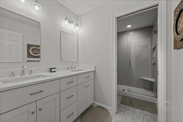 6N372 E Ridgewood Dr, Saint Charles, IL 60175 - bathroom with a shower stall, double vanity, tile patterned flooring, and baseboards