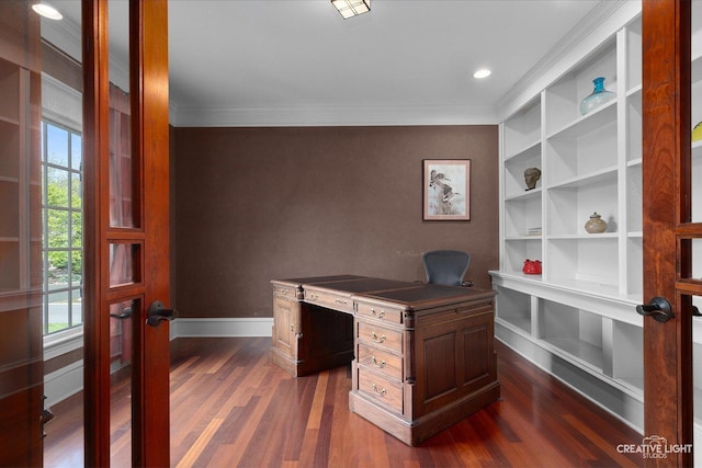 5900G Red Gate Ln, Yorkville, IL 60560 - home office with baseboards, ornamental molding, and dark wood-style floors