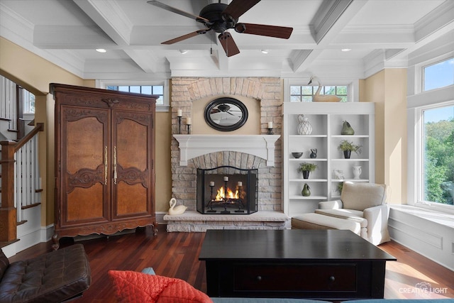 5900G Red Gate Ln, Yorkville, IL 60560 - living room featuring coffered ceiling, dark wood finished floors, crown molding, beamed ceiling, and plenty of natural light