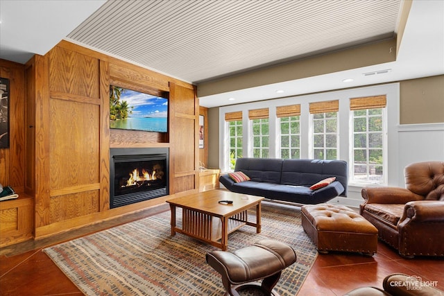 5900G Red Gate Ln, Yorkville, IL 60560 - living area featuring a glass covered fireplace, healthy amount of natural light, and wooden walls