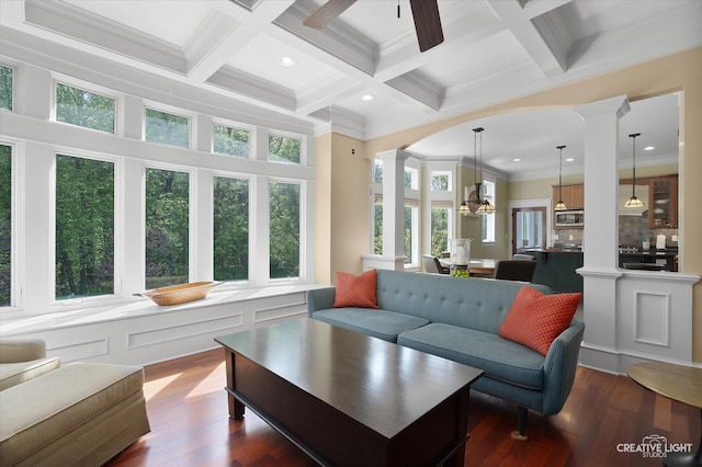 5900G Red Gate Ln, Yorkville, IL 60560 - living area featuring decorative columns, beamed ceiling, crown molding, ceiling fan, and dark wood finished floors