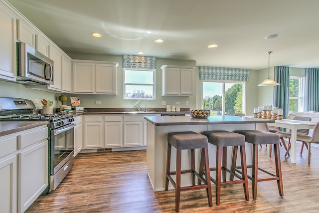 kitchen with appliances with stainless steel finishes, a kitchen bar, plenty of natural light, and recessed lighting