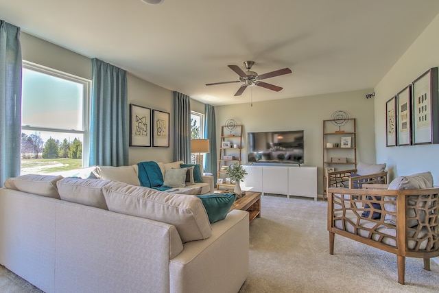 living area featuring ceiling fan and carpet