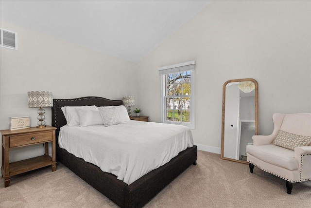 130 Ravine Forest Dr, Lake Bluff, IL 60044 - bedroom with baseboards, visible vents, light colored carpet, and high vaulted ceiling