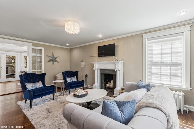 living room with wood finished floors, crown molding, a fireplace, radiator heating unit, and recessed lighting