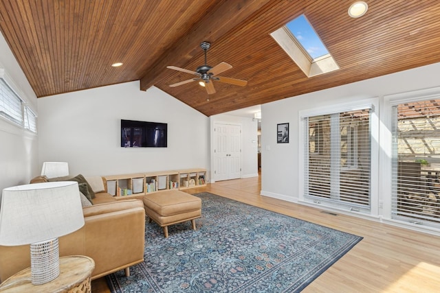 living area with wooden ceiling, ceiling fan, lofted ceiling with skylight, and wood finished floors