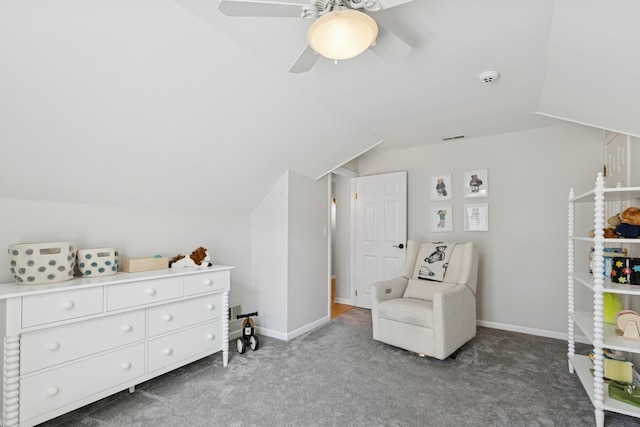 bedroom featuring ceiling fan, visible vents, carpet floors, baseboards, and lofted ceiling