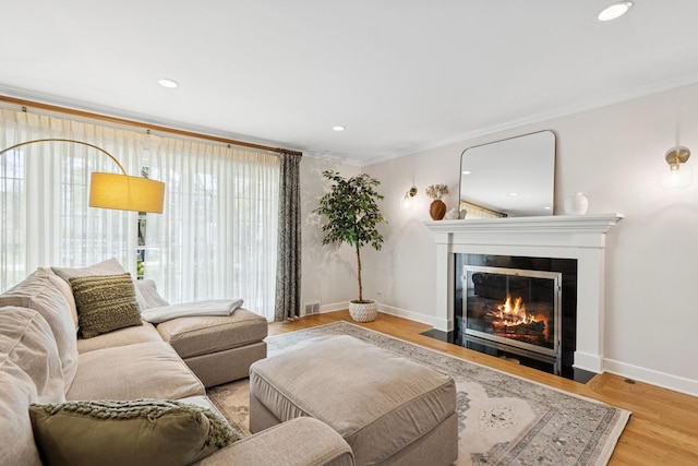 living area featuring baseboards, a fireplace with flush hearth, wood finished floors, and ornamental molding