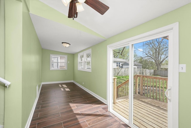 15 N Hillcrest Ave, Fox Lake, IL 60020 - entryway with a ceiling fan, baseboards, vaulted ceiling, and wood finished floors