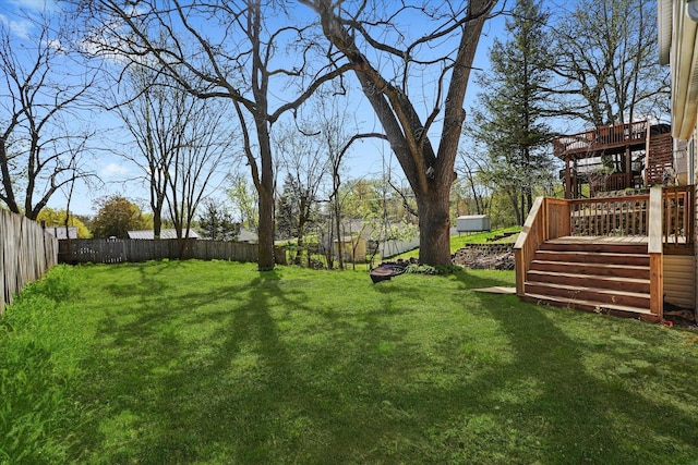15 N Hillcrest Ave, Fox Lake, IL 60020 - view of yard with a fenced backyard, a wooden deck, and stairs