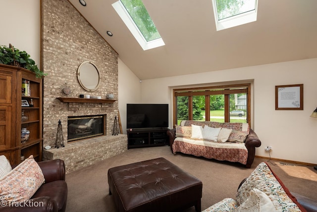 2803 Monterra Dr, Spring Grove, IL 60081 - living area featuring high vaulted ceiling, carpet flooring, a skylight, a brick fireplace, and baseboards