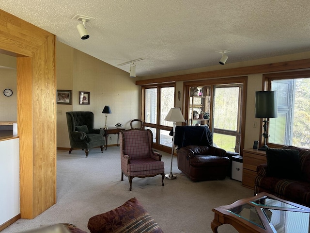 carpeted living area featuring track lighting, a wealth of natural light, a textured ceiling, and lofted ceiling