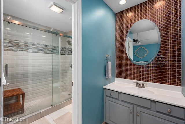 27W137 Chestnut Ln, Winfield, IL 60190 - full bath featuring vanity, tile walls, ceiling fan, and a stall shower