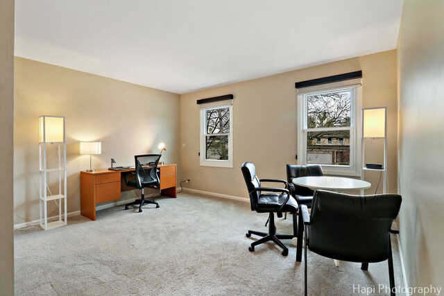 home office with carpet flooring and baseboards