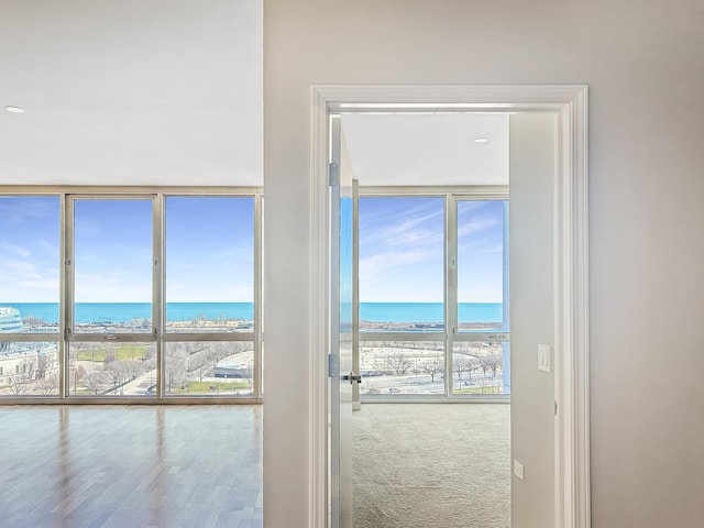 entryway featuring a water view and a wall of windows