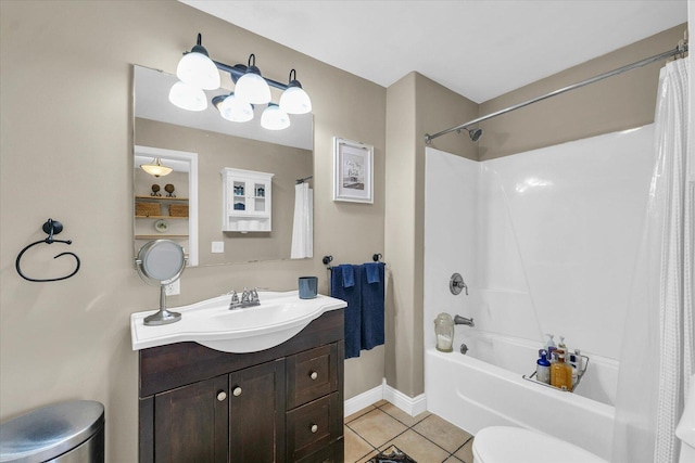 bathroom with toilet, baseboards, tile patterned flooring, vanity, and shower / bathtub combination with curtain