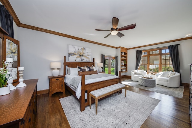 bedroom with baseboards, ornamental molding, dark wood-style flooring, and ceiling fan
