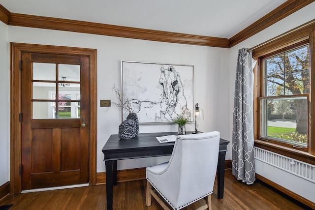 office with baseboards, ornamental molding, and dark wood-style floors