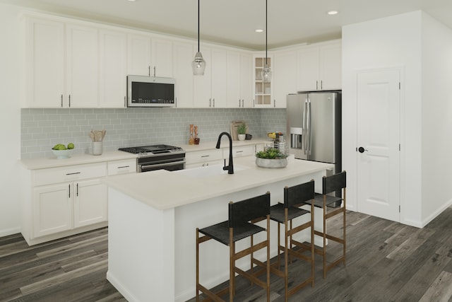 4 Harborside Way, Hawthorn Woods, IL 60047 - kitchen with stainless steel appliances, dark wood-type flooring, tasteful backsplash, a breakfast bar, and recessed lighting