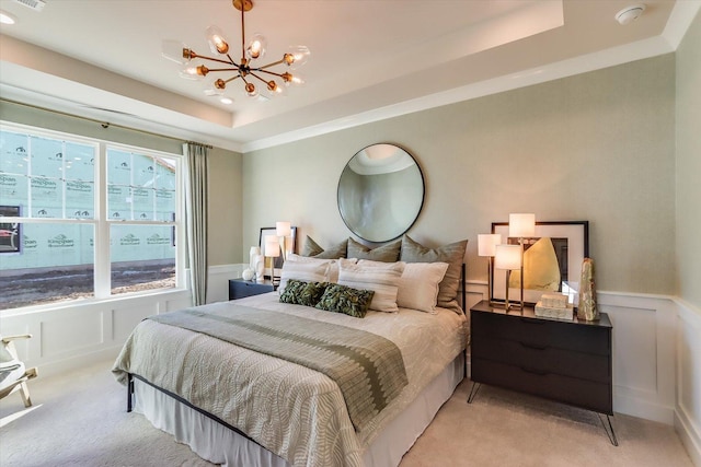 3 Harborside Way, Hawthorn Woods, IL 60047 - bedroom with an inviting chandelier, a decorative wall, a tray ceiling, and light carpet