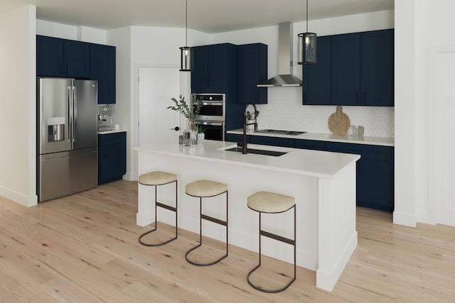 3 Harborside Way, Hawthorn Woods, IL 60047 - kitchen featuring appliances with stainless steel finishes, wall chimney exhaust hood, blue cabinets, a breakfast bar area, and light wood-type flooring