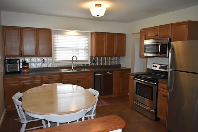 kitchen with a sink, brown cabinetry, stainless steel appliances, backsplash, and dark countertops