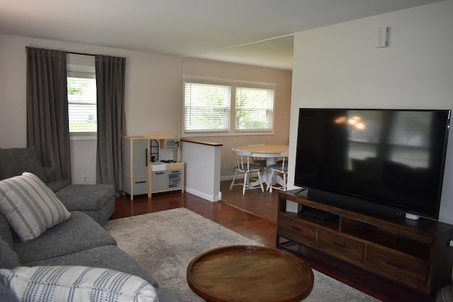 living room featuring wood finished floors and baseboards