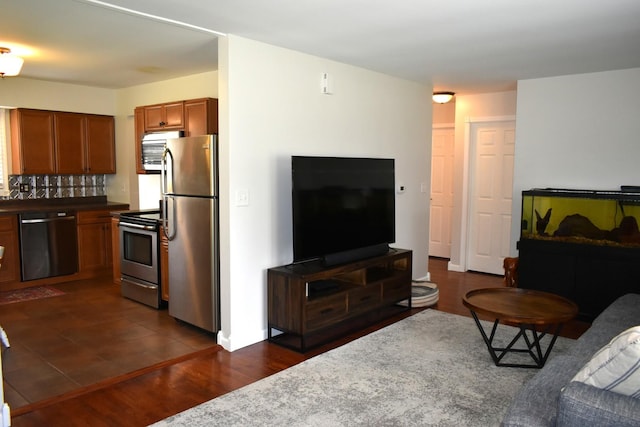living area featuring dark wood-style floors
