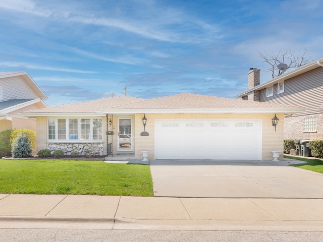 view of front facade featuring a garage, driveway, a front lawn, and brick siding