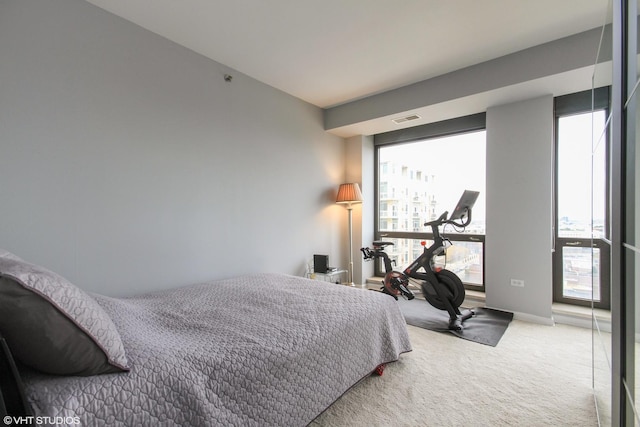 bedroom with multiple windows and light carpet