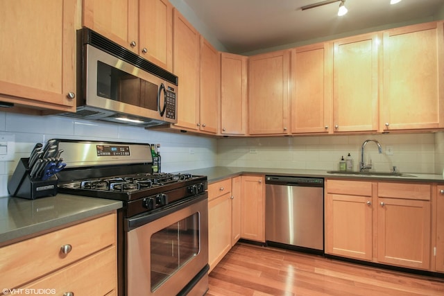 kitchen featuring stainless steel appliances, a sink, and light brown cabinetry