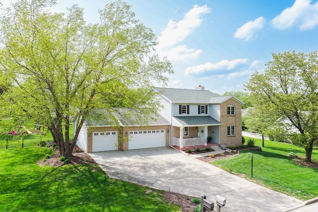 traditional home with a porch, a front yard, fence, concrete driveway, and an attached garage