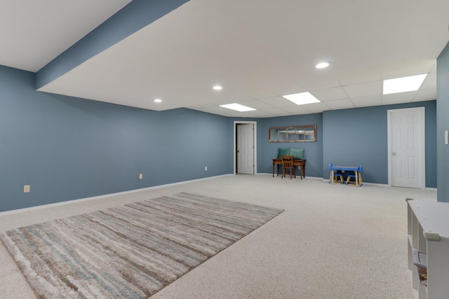 recreation room featuring baseboards, carpet, and recessed lighting
