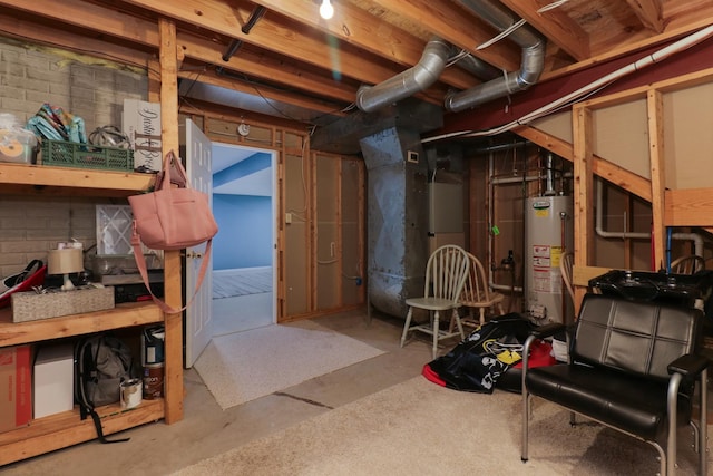 unfinished below grade area with heating unit and water heater