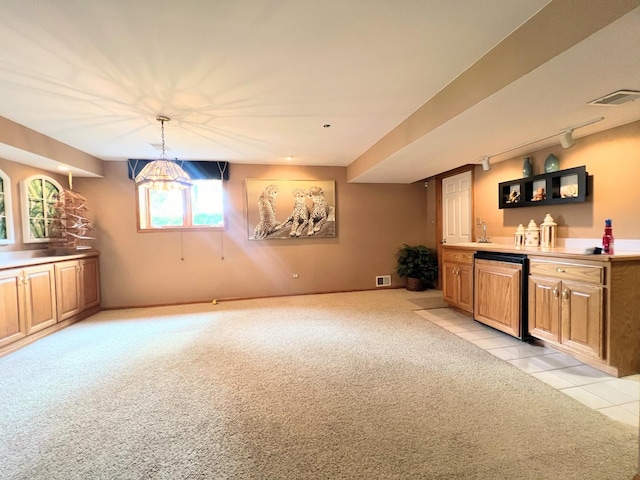 16313 Chickadee Cir, Orland Park, IL 60467 - bar with visible vents, light tile patterned floors, decorative light fixtures, and light colored carpet