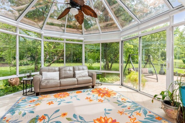 38W424 Berquist Dr, Geneva, IL 60134 - sunroom featuring an outdoor hangout area and a ceiling fan
