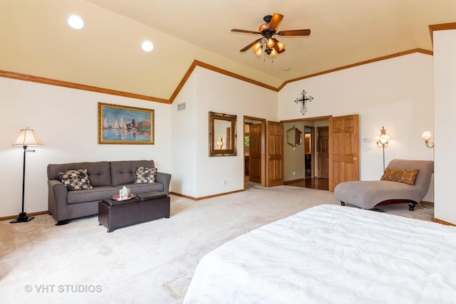 38W424 Berquist Dr, Geneva, IL 60134 - bedroom with vaulted ceiling, light colored carpet, baseboards, crown molding, and ceiling fan