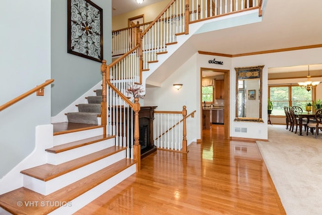 38W424 Berquist Dr, Geneva, IL 60134 - stairway featuring healthy amount of natural light, wood finished floors, a chandelier, a towering ceiling, and baseboards