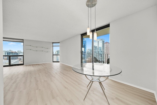 interior space with a view of city, plenty of natural light, and light wood-style flooring