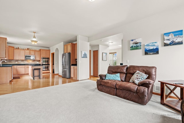 486 Devonaire Pkwy, Dekalb, IL 60115 - living room with arched walkways, light carpet, light wood-style flooring, and baseboards