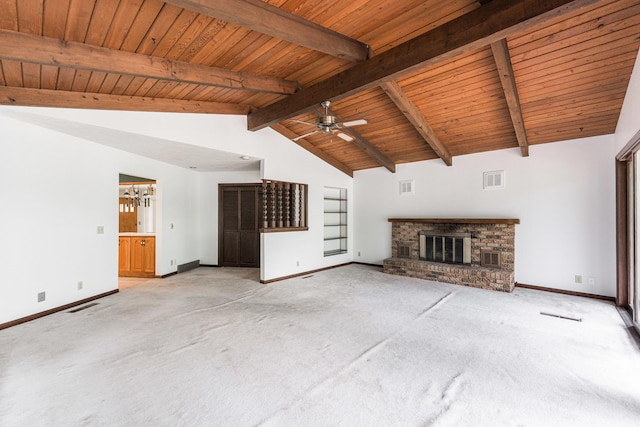 609 Moss Pl, Dixon, IL 61021 - unfurnished living room featuring baseboards, wooden ceiling, light colored carpet, a fireplace, and a ceiling fan