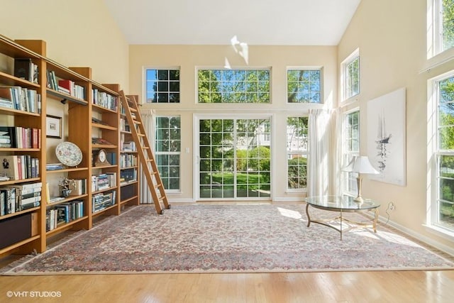 838 Old Checker Rd Unit D-4, Buffalo Grove, IL 60089 - living area featuring high vaulted ceiling, wood finished floors, and baseboards