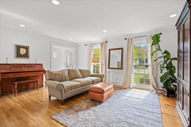 living area featuring light wood-style floors, crown molding, and recessed lighting