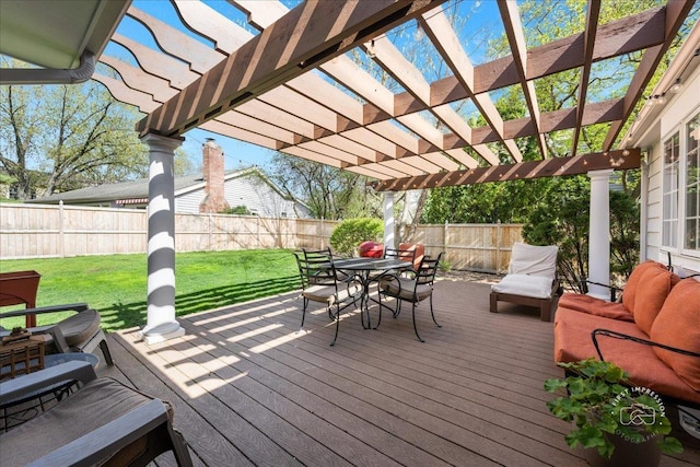 wooden deck featuring a pergola, an outdoor hangout area, a fenced backyard, outdoor dining area, and a yard