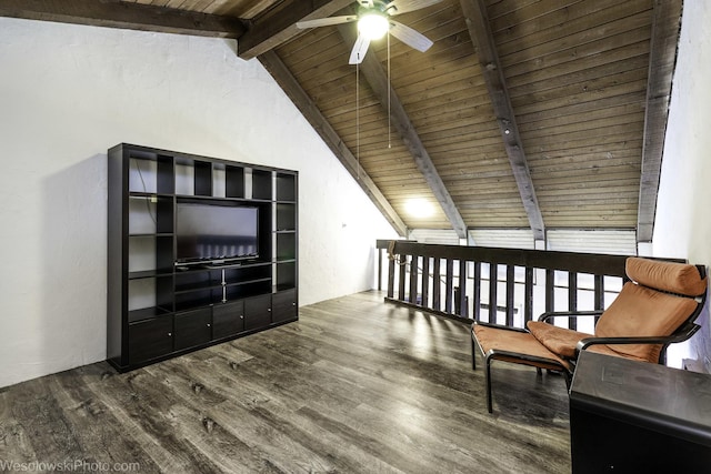 sitting room featuring wood ceiling, wood finished floors, lofted ceiling with beams, and a ceiling fan
